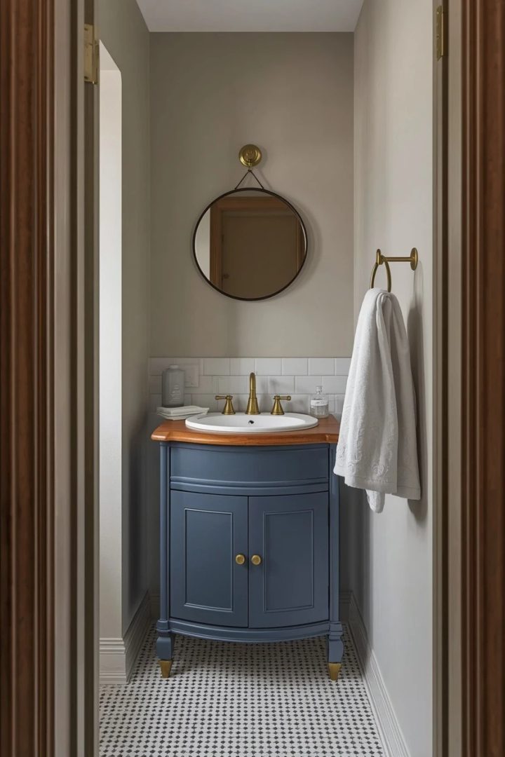 13. Moody Blue Corner Vanity for Small Bathrooms