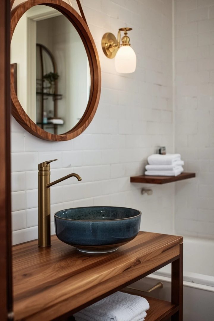 18. Walnut Vanity With a Moody Blue Vessel Sink