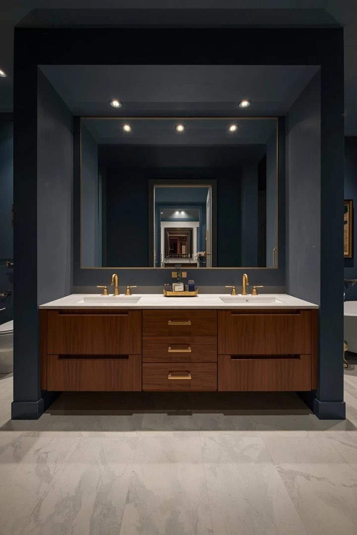 21. Full-Width Walnut Vanity With a Moody Blue Surround
