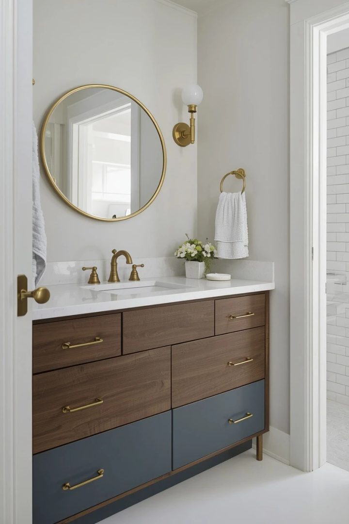 20. Walnut and Blue Two-Tone Vanity Drawers