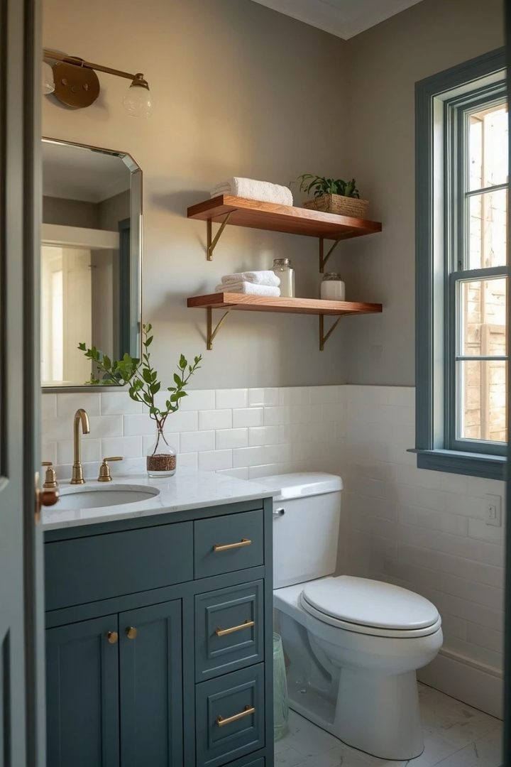 17. Moody Blue Vanity Paired With Walnut Floating Shelves