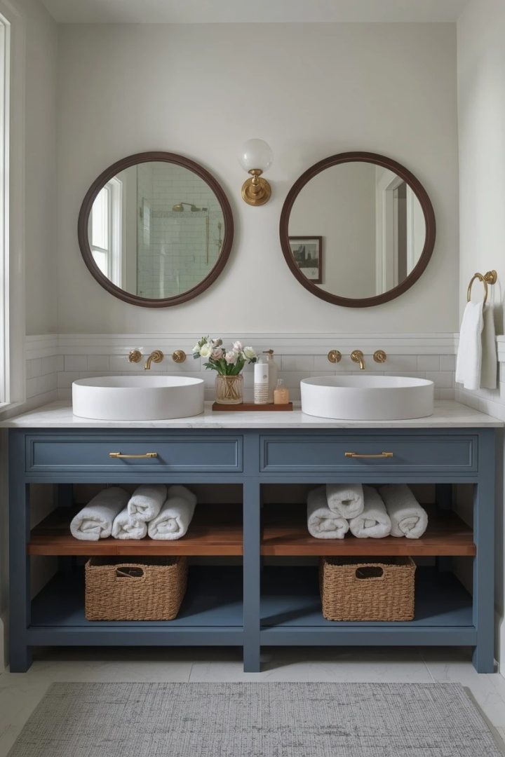 3. Moody Blue Double Vanity With Walnut Open Shelf