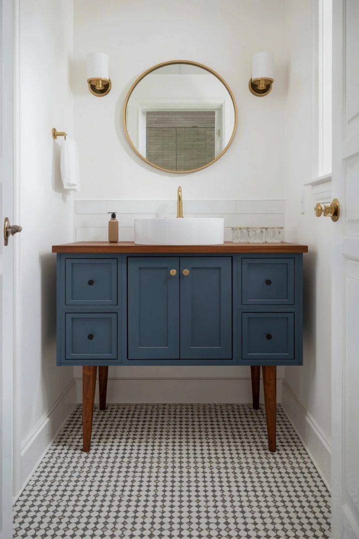 5. Moody Blue Shaker Vanity With Walnut Legs