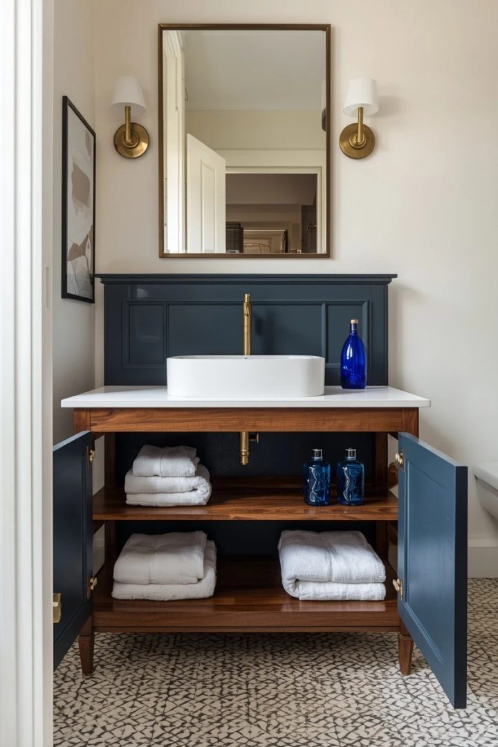 8. Open-Shelf Walnut Vanity With Blue Painted Interior