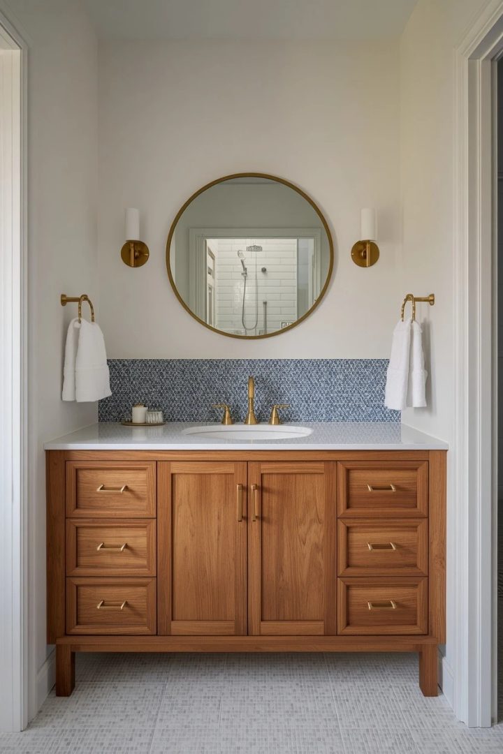 6. Walnut Vanity With Moody Blue Tile Backsplash