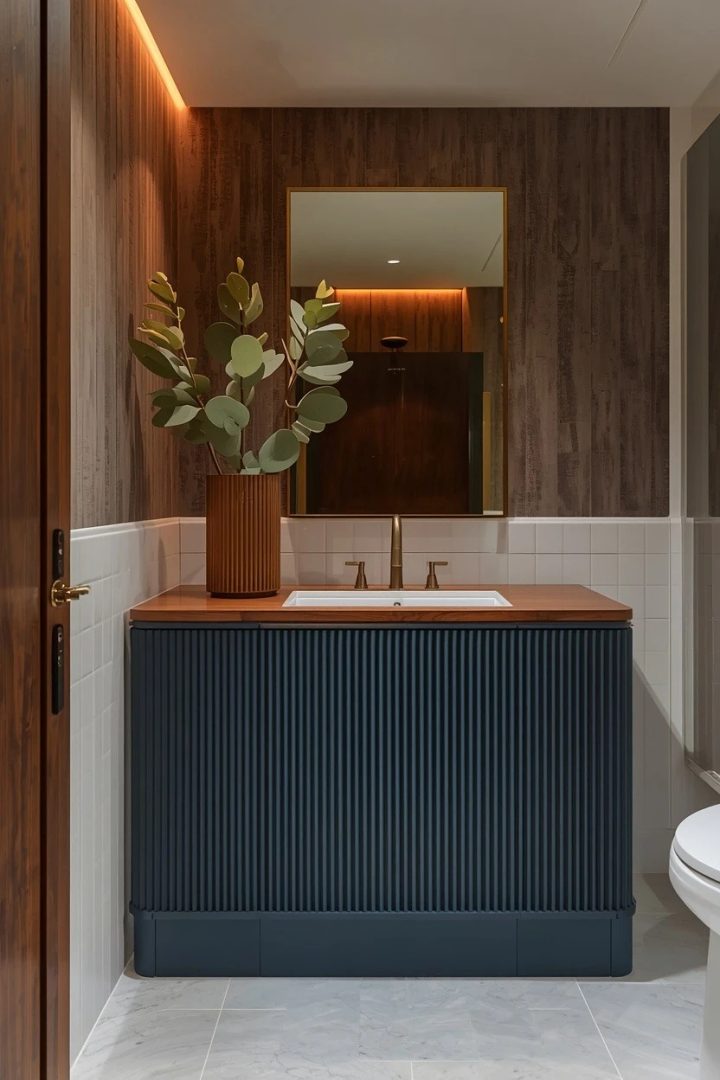11. Moody Blue Fluted Vanity Front With Walnut Top