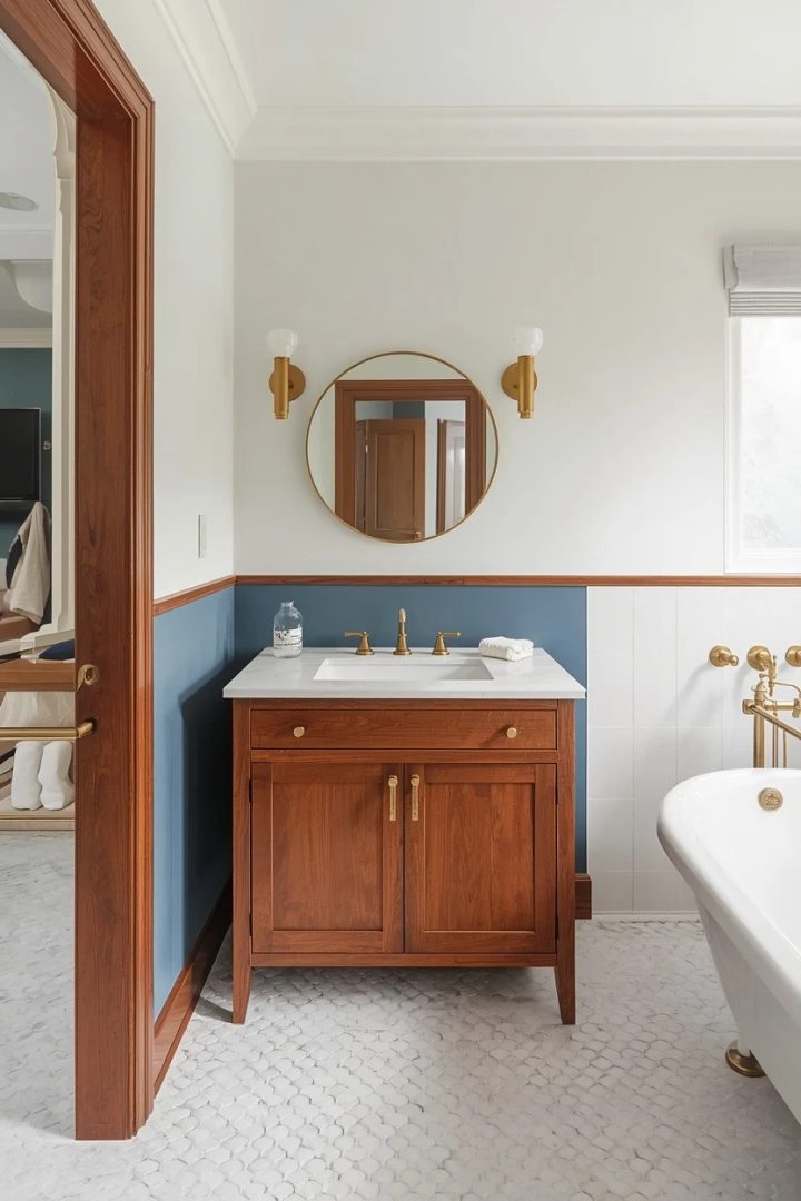 19. Moody Blue Half-Height Vanity Wall With Walnut Trim