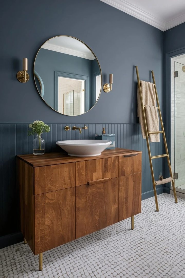 16. Reclaimed Walnut Vanity in a Moody Blue Bathroom