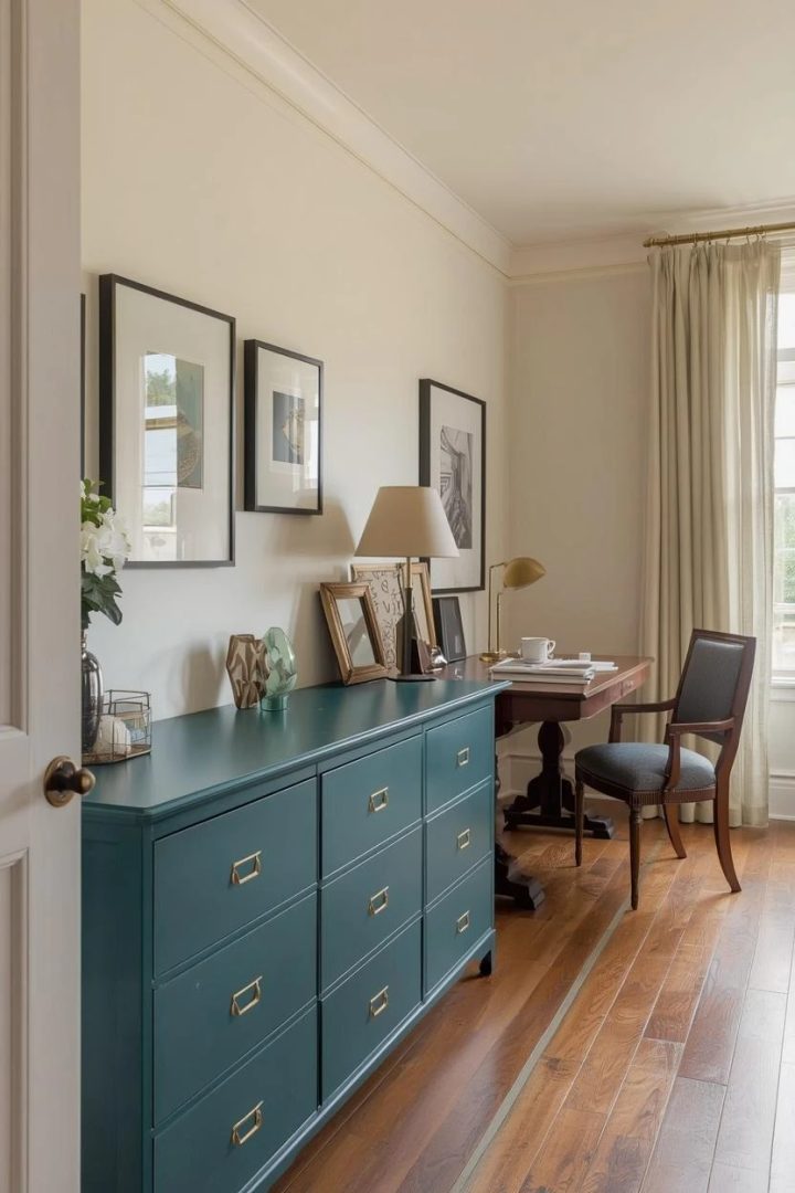 10. Teal Storage Cabinets With Brass Pulls