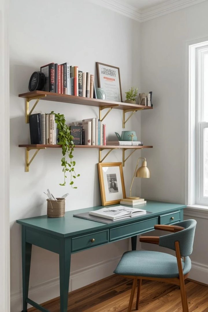 6. Brass Floating Shelves Where the Floor Can't Help