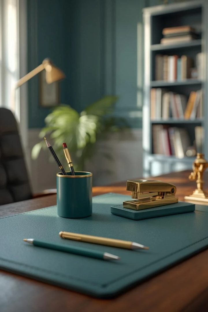 7. A Coordinated Teal-and-Brass Desk Set