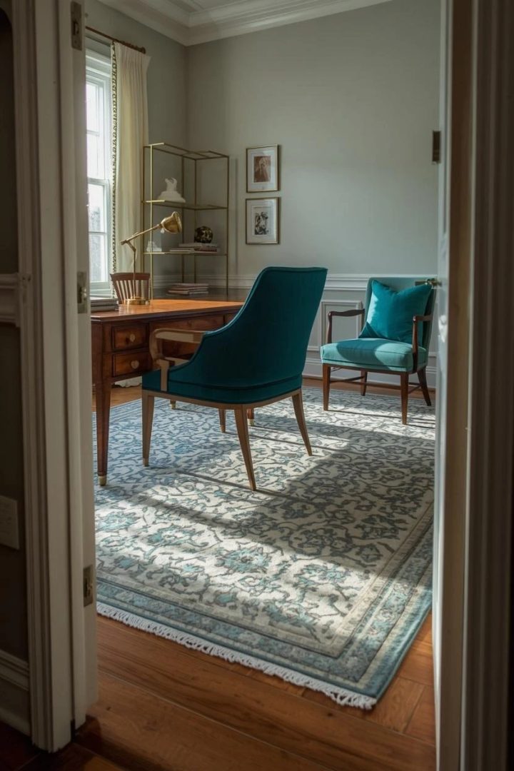 8. A Patterned Teal Rug to Ground the Chair
