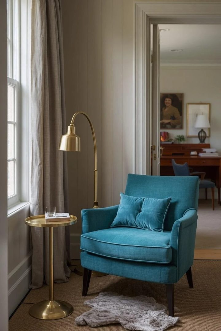 15. A Teal-and-Brass Reading Nook in the Corner