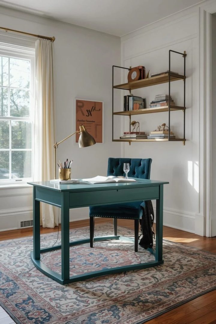 1. Anchor the Room With a Teal Statement Desk