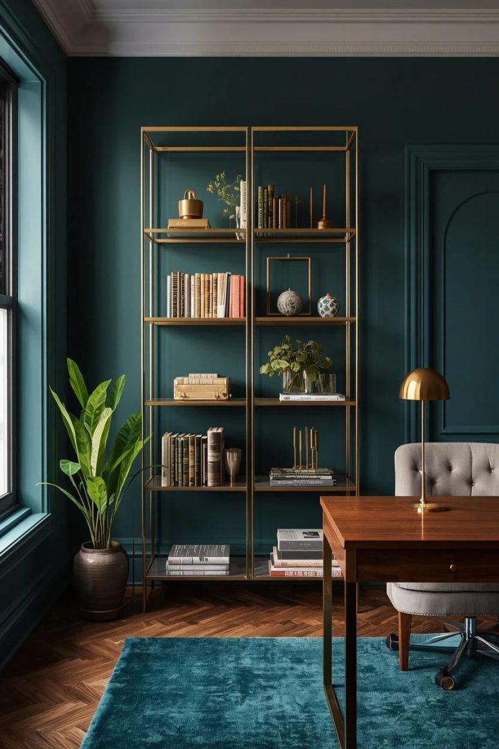 4. A Brass-and-Glass Bookshelf Against Teal