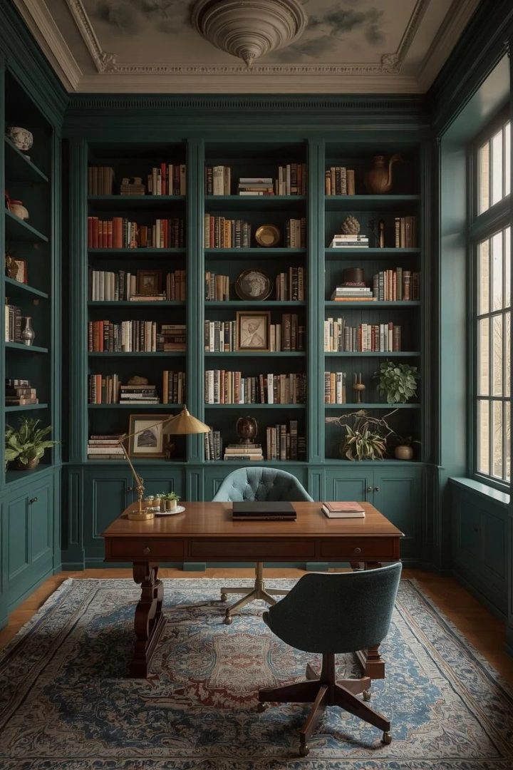 14. Built-In Teal Bookshelves With Brass Trim