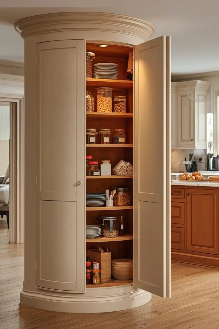 9. A Rounded Cream Pantry Cabinet With a Caramel Interior