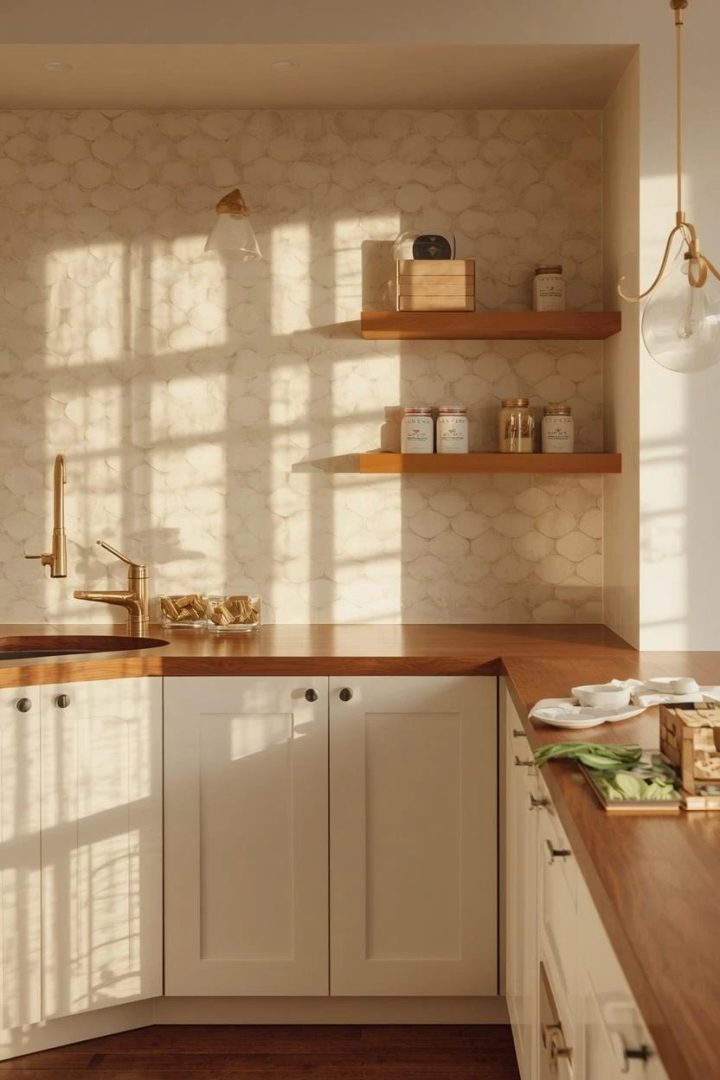 8. Cream Scalloped Backsplash With Curved Cabinets