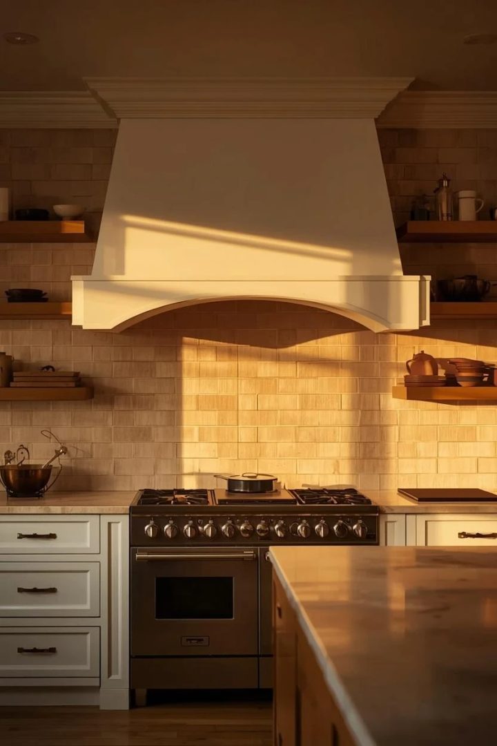 12. Arched Cream Range Hood With Caramel Surround