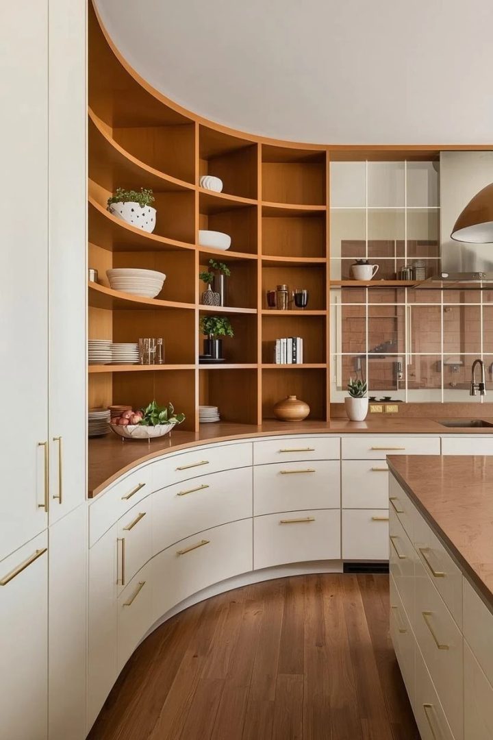 6. S-Curve Cream Cabinets With Caramel Open Shelving
