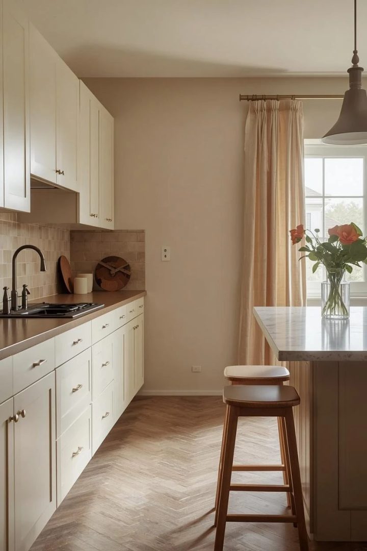 4. Rounded-Edge Cream Cabinets With Caramel Pulls