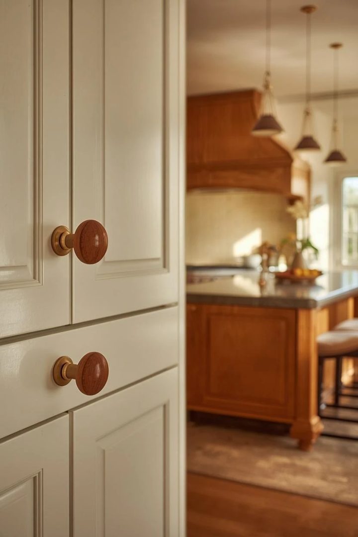 14. Cream Cabinets With Rounded Brass and Caramel Hardware