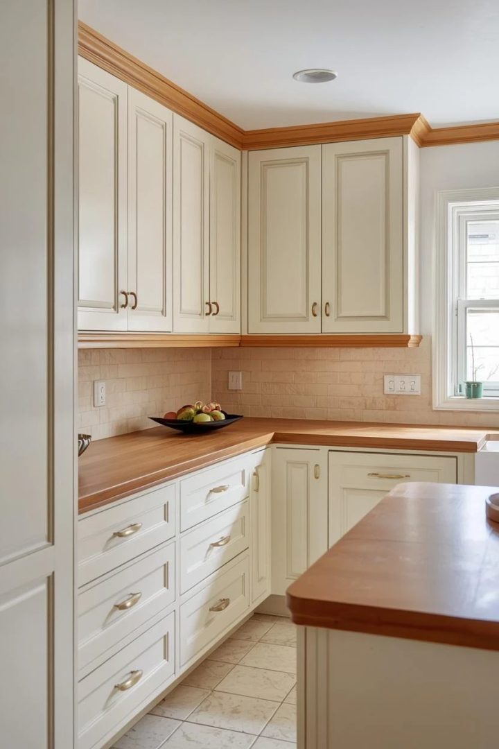 16. Cream Shaker Cabinets With Rounded Caramel Trim Molding