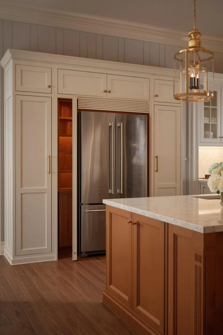 17. Full-Height Curved Cream Pantry With Caramel Interior