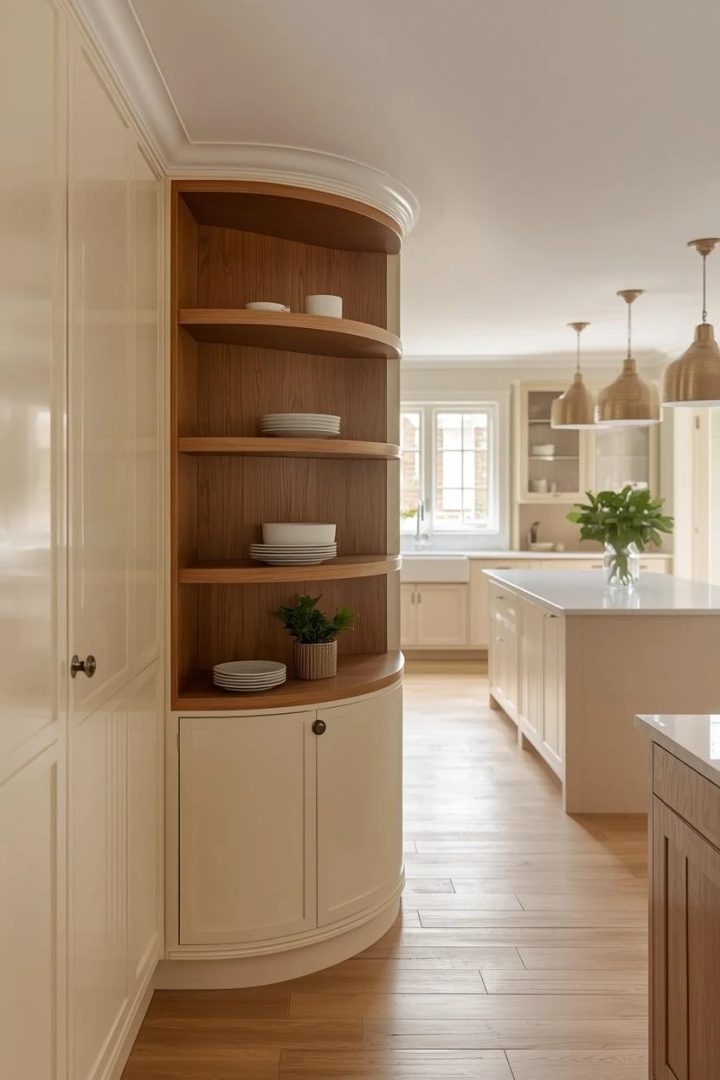 18. Curved Open-End Shelving in Caramel Connecting to Cream Cabinets
