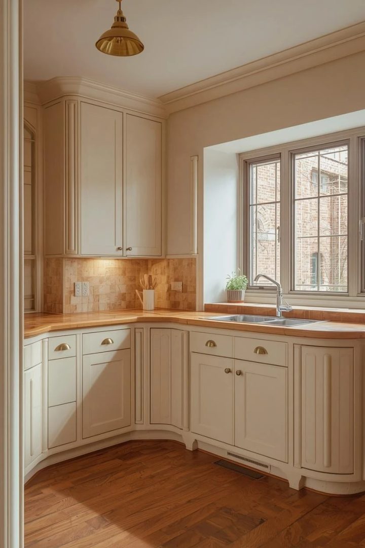 1. Curved Cream Base Cabinets With Caramel Countertops