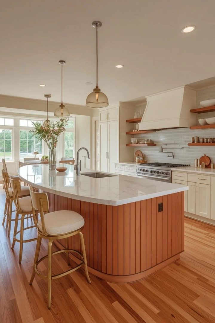 3. A Curvy Cream Island With Caramel Paneling