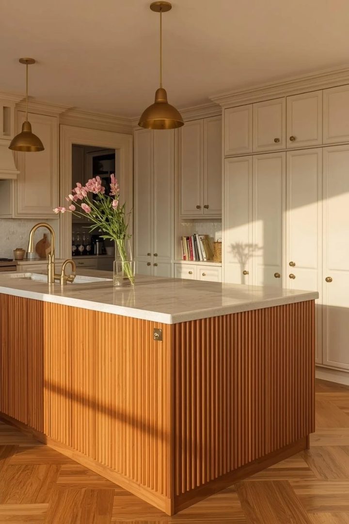 5. Caramel Fluted Island Panels With a Cream Stone Top