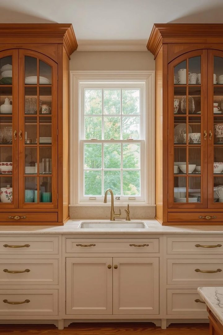 7. Arched Glass-Front Caramel Display Cabinets