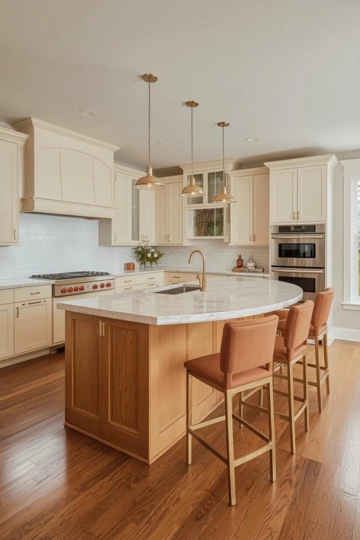 10. Caramel Wood and Cream Two-Tone Curved Island