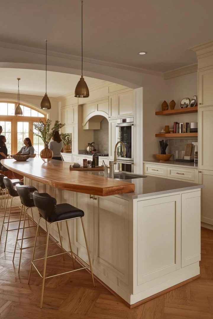 15. A Curvy Caramel Breakfast Bar Extending From the Island