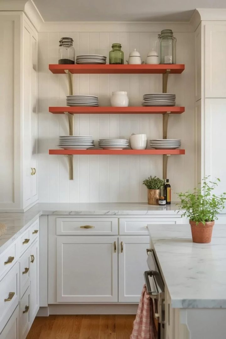 7. White Shiplap Backsplash With Coral Open Shelves Above