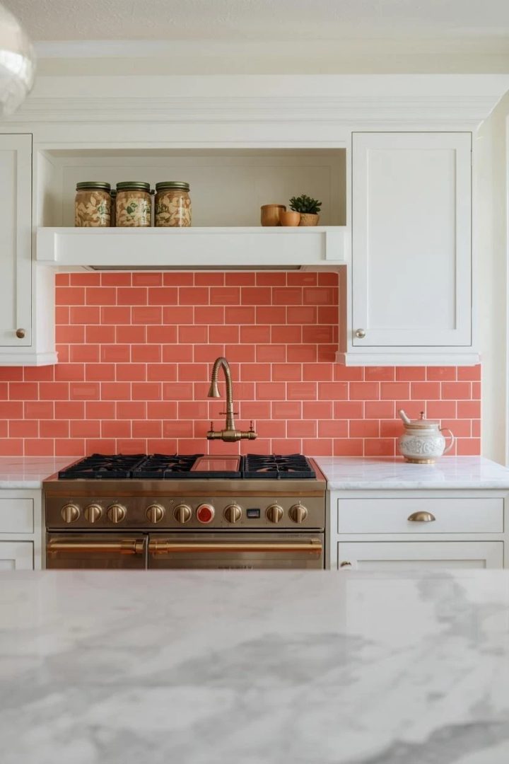 1. Coral Subway Tiles With White Grout