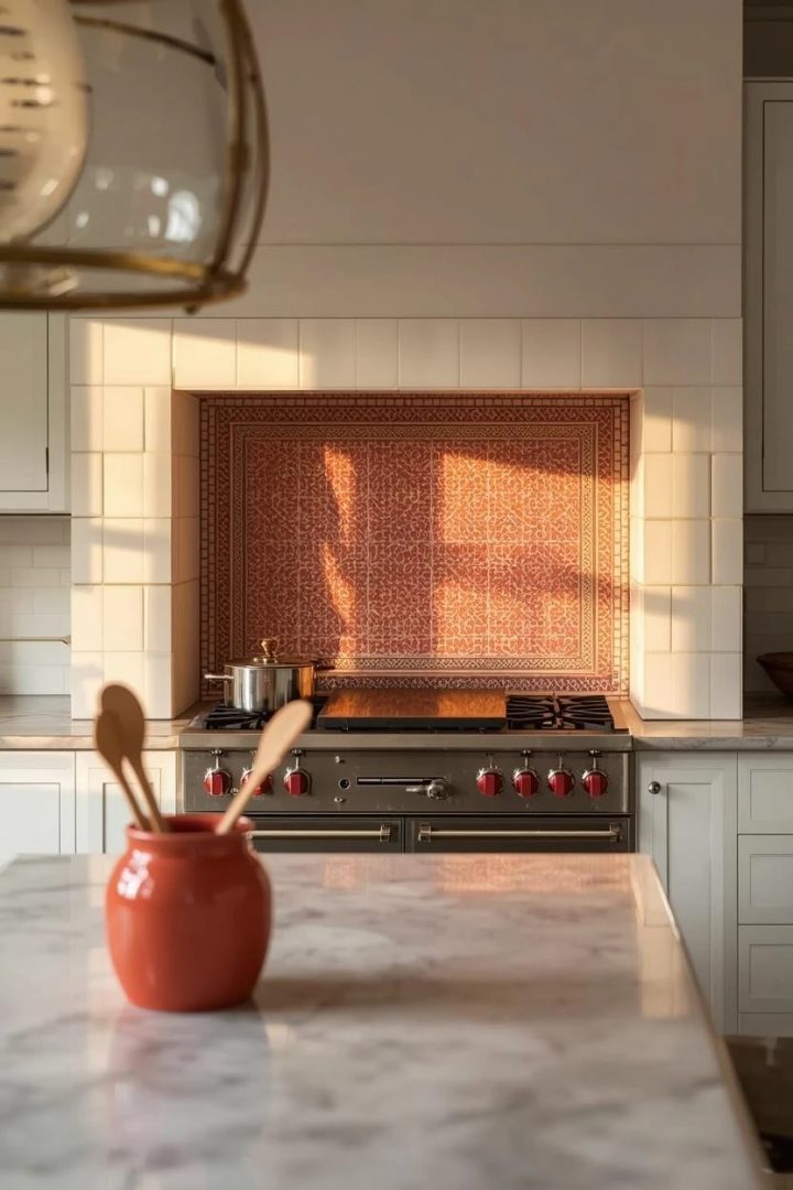 4. Coral Zellige Tiles Behind the Stove