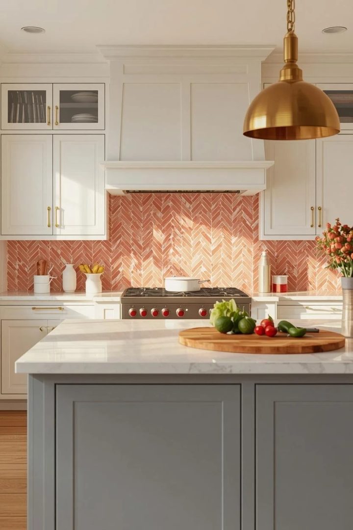 3. Coral and White Herringbone Pattern