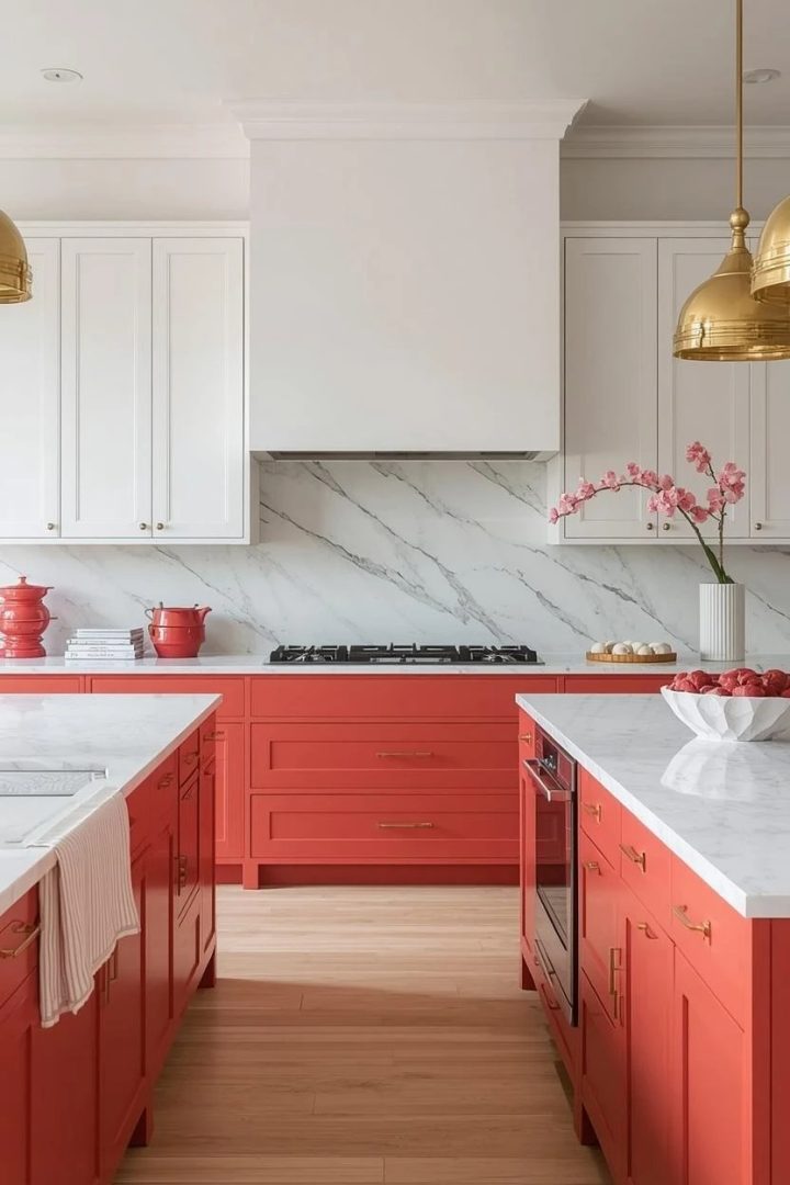 5. White Marble Backsplash With Coral Painted Cabinets