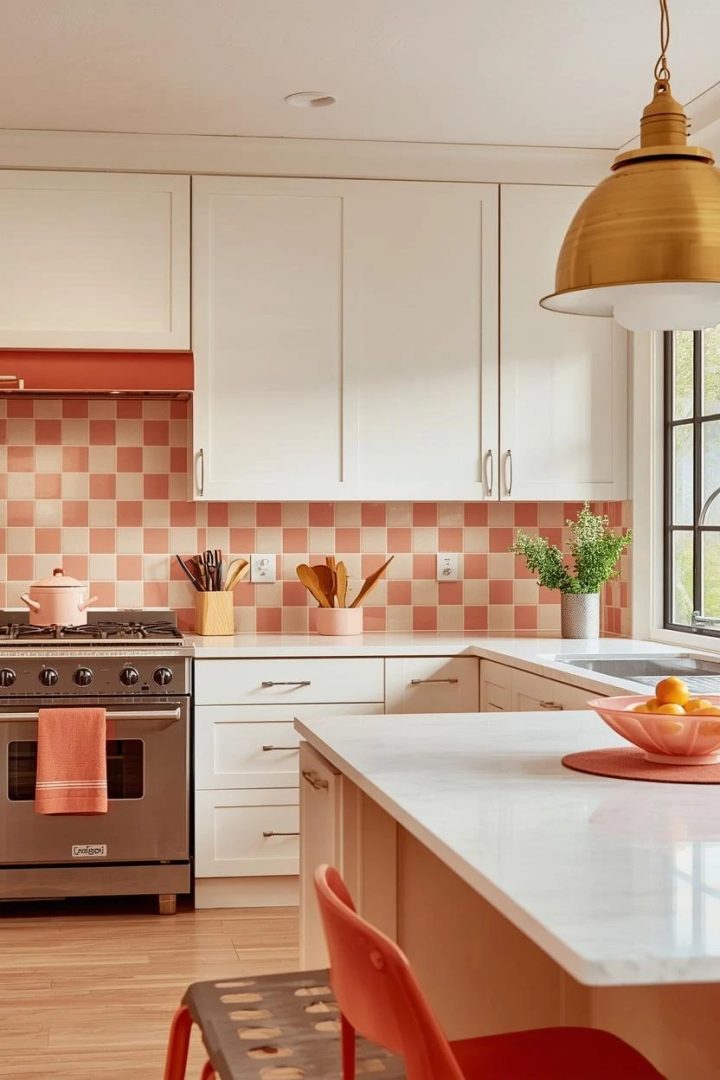 8. Coral and White Checkered Tiles