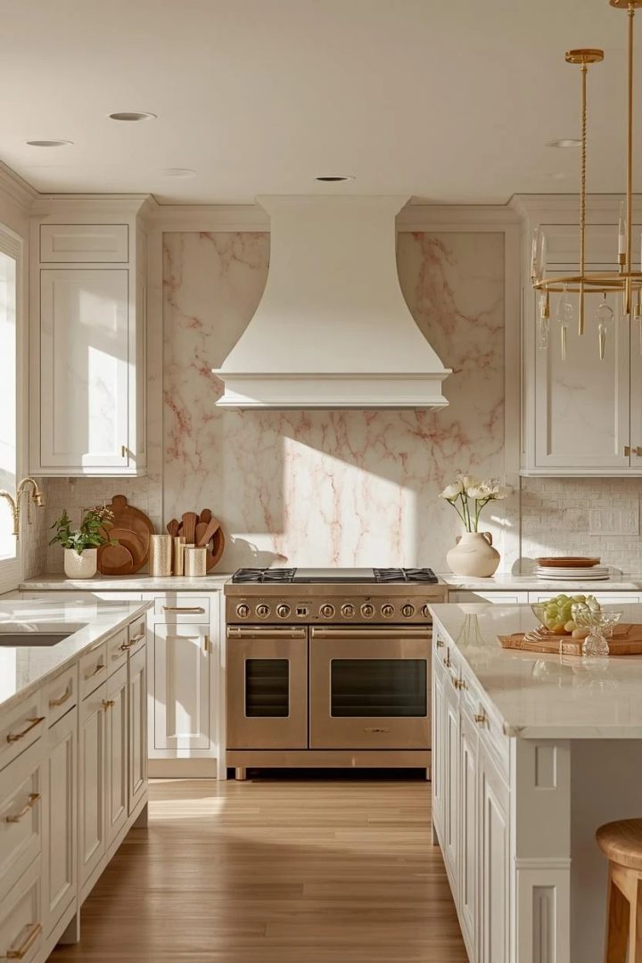 16. White Marble With Coral-Toned Natural Veining
