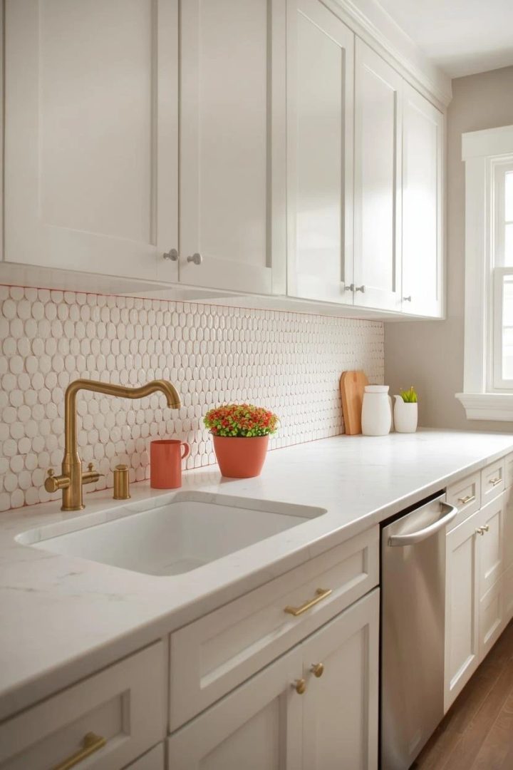 12. White Penny Tiles With Coral Grout