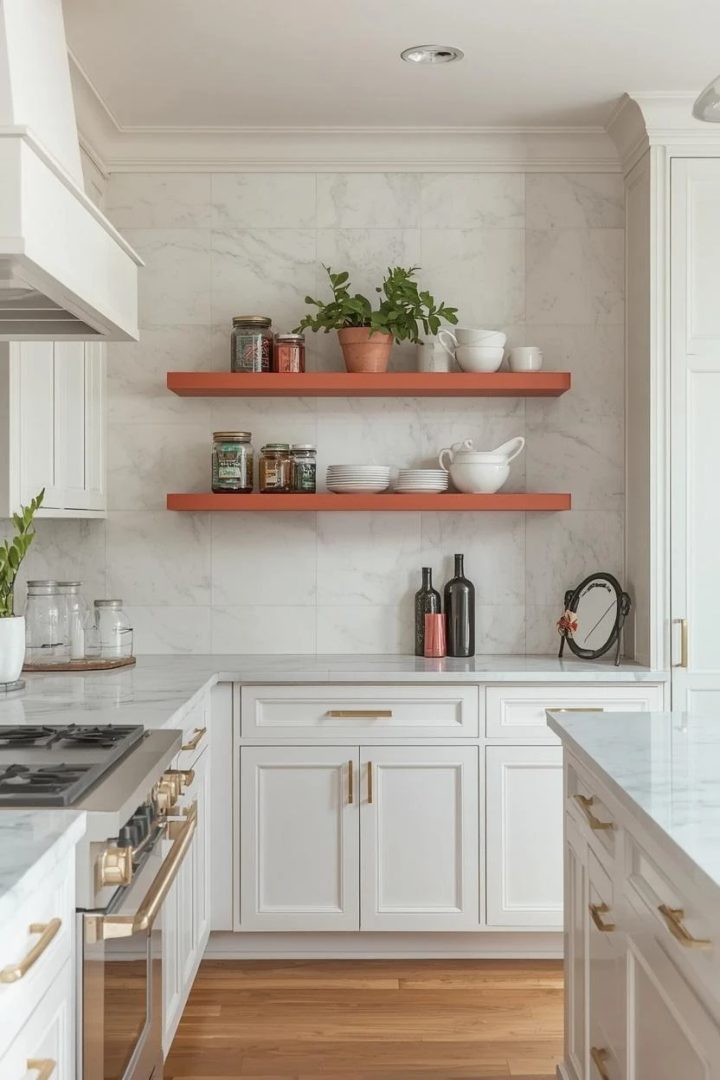10. White Slab Backsplash With Coral Floating Shelves