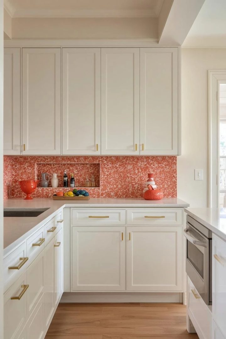 17. Coral Terrazzo Backsplash With White Counters