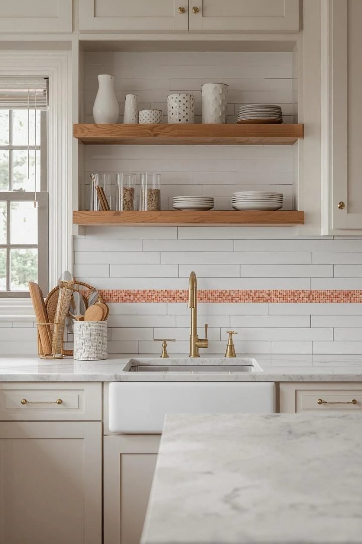 9. Coral Mosaic Accent Strip on White Tile