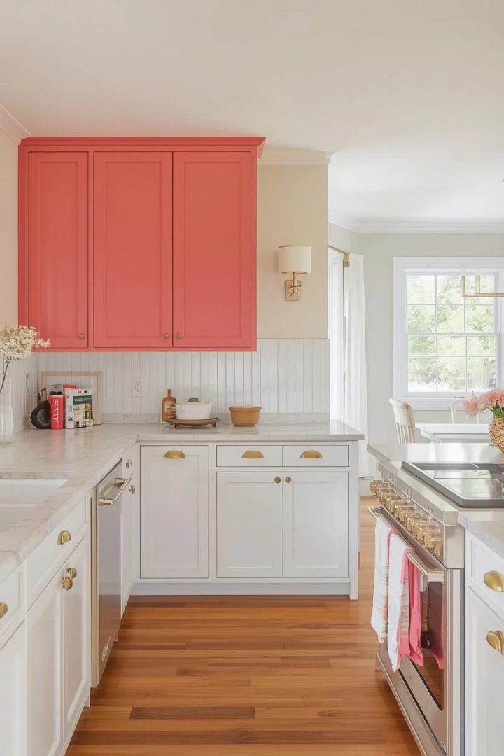 14. White Beadboard Backsplash With Coral Cabinets