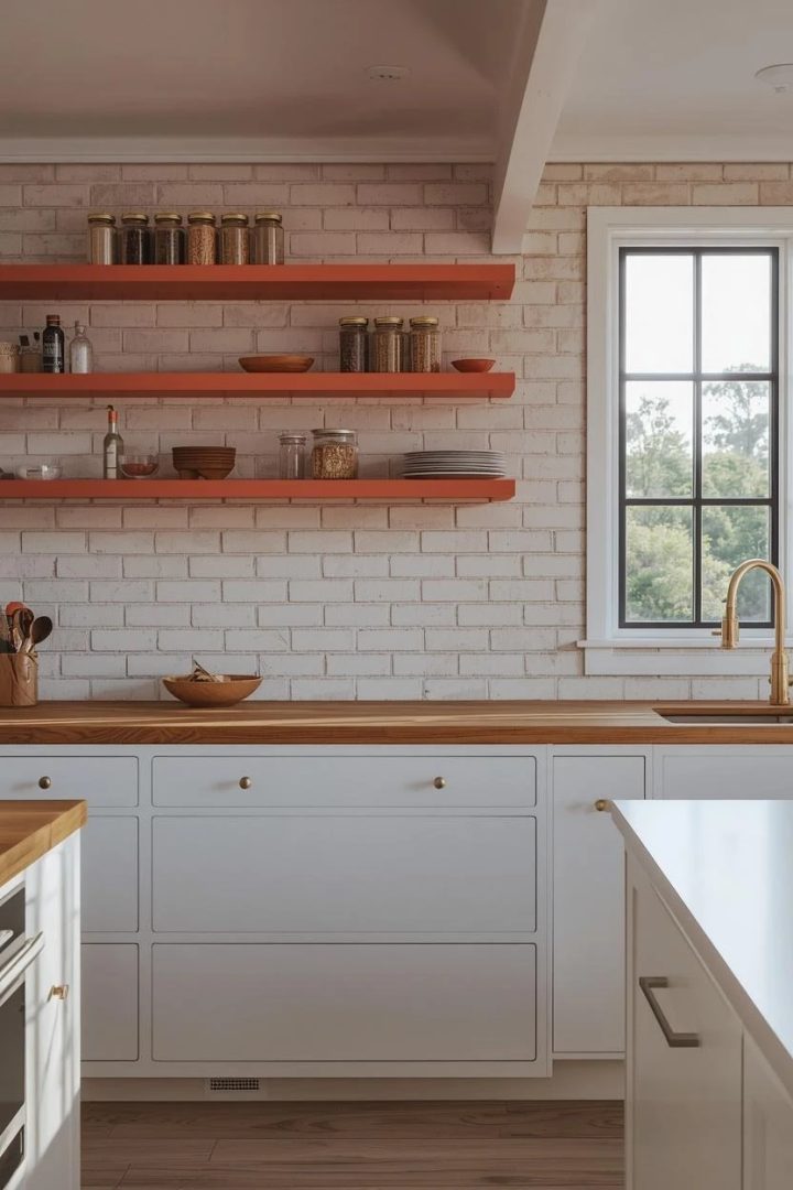 18. White Brick Backsplash With a Coral Spice Shelf