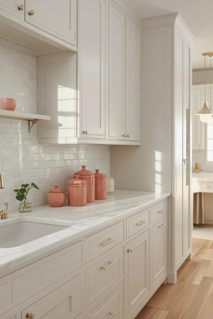 22. White Quartz Backsplash With Coral Storage Jars
