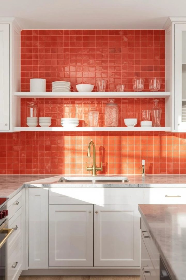 13. Coral Glass Tiles Behind Open Shelving